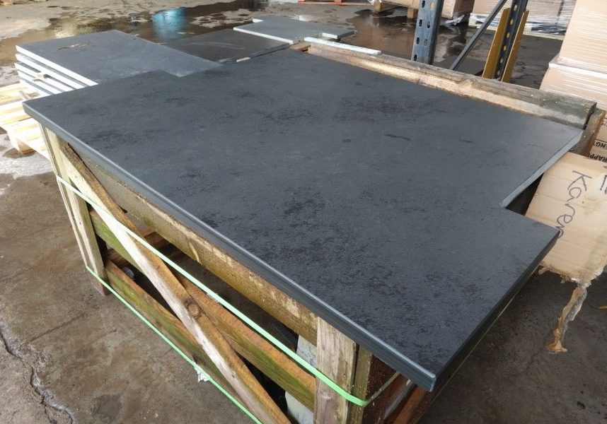 A wide T-shaped slate hearth cut and ready for delivery in February